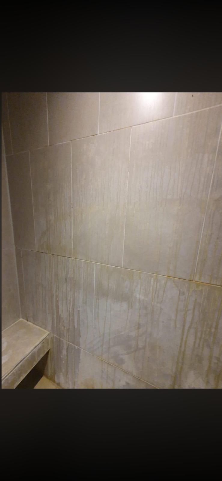 Grimy shower tiles before cleaning